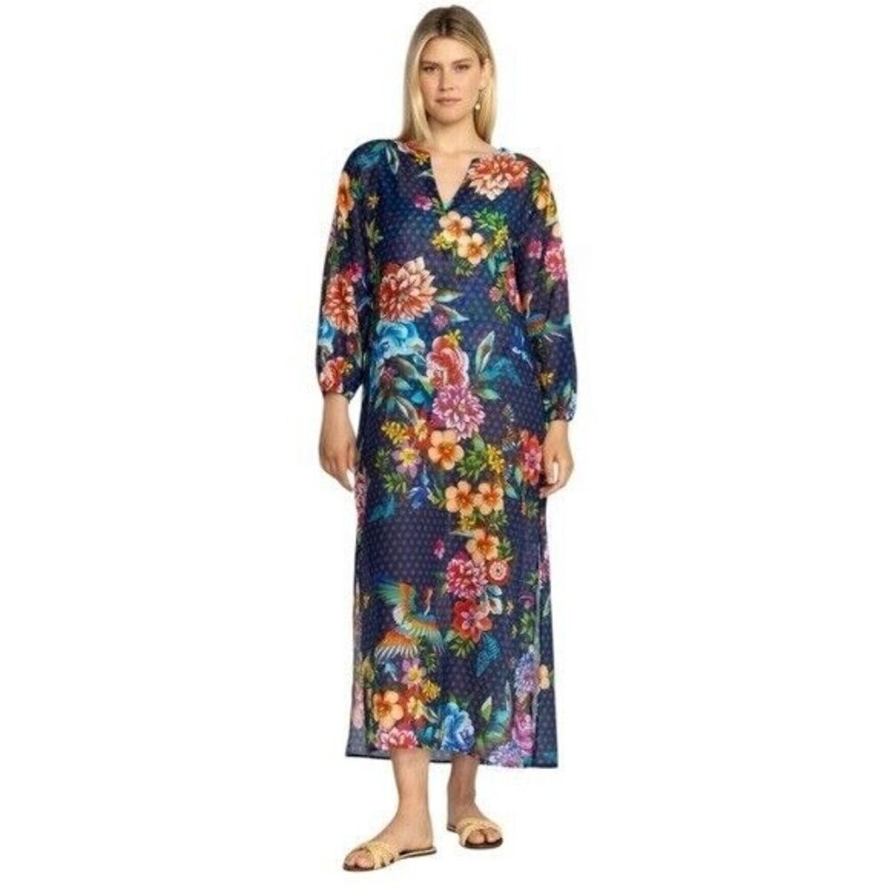 JOHNNY WAS Ocean Dreamer Puff Sleeve Maxi Cover Up Silk Blend NEW